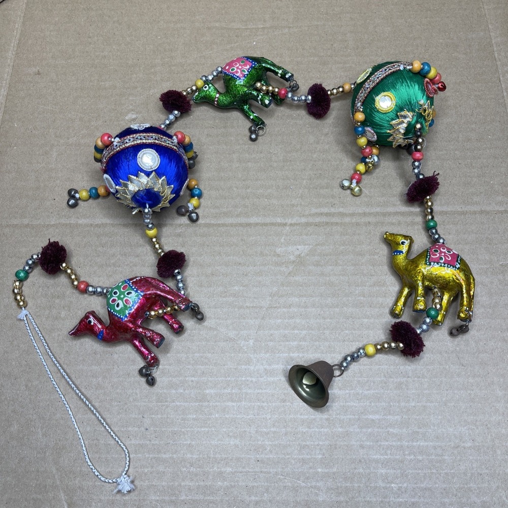 Vintage Handmade Indian Elephant Beaded Hanging Garland Toran Boho Wall Decor